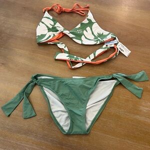 Carve Designs Green & White Floral Tie-Side Kids Bikini with Orange Trim